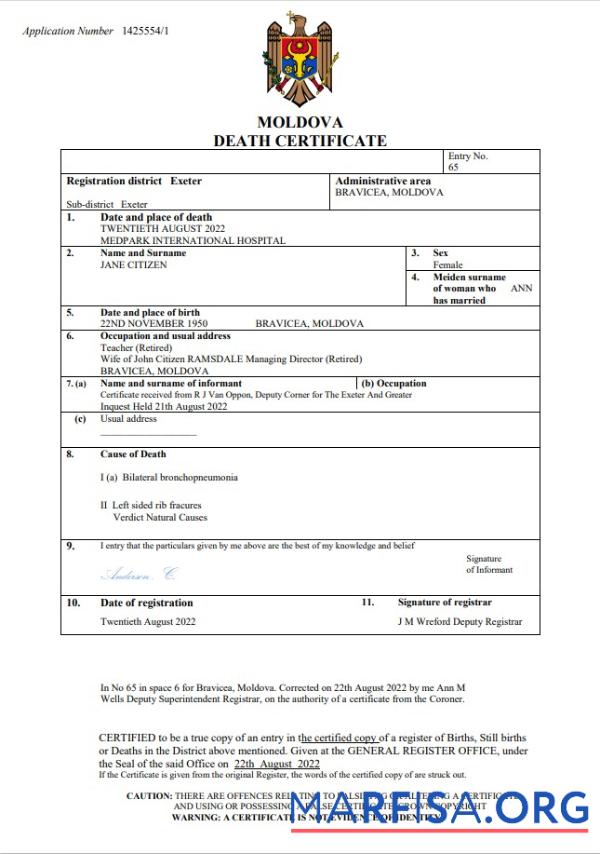 Downloadable Moldova death certificate Word and PDF template